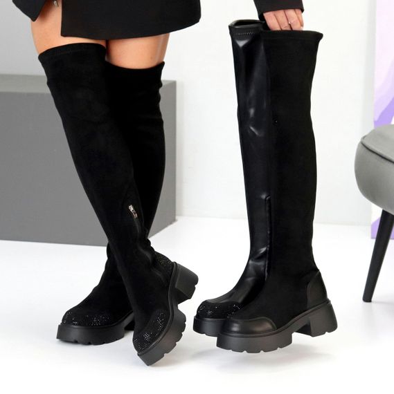 Ультра модні чорні ботфорти замшеві стрейч на тракторній підошві | Зображення 9