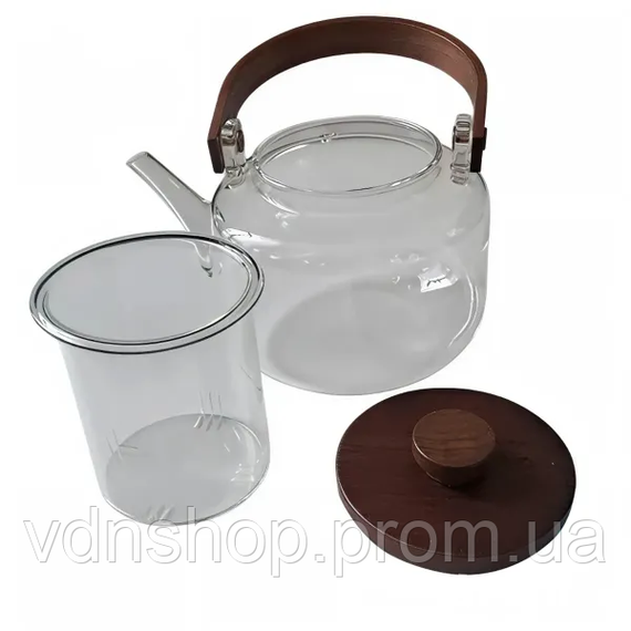 Заварник скляний для чаю 0.8 л Заварний чайник для заварювання з дерев'яною ручкою прозорий HP-34-38 | Зображення 1