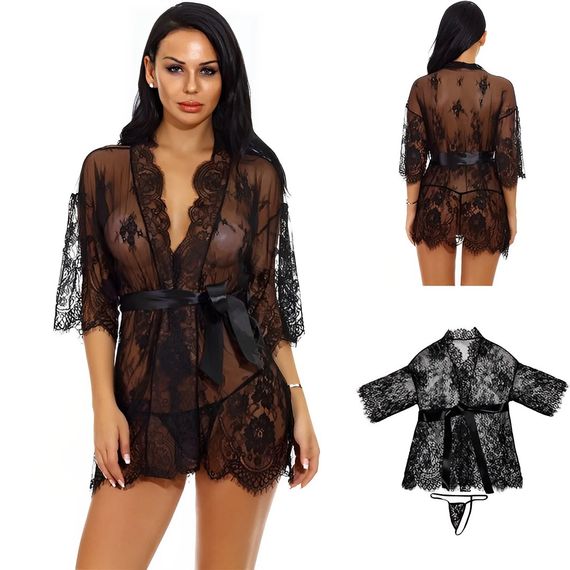Короткий прозорий еротичний халат чорного кольору (L, XL) | Зображення 5