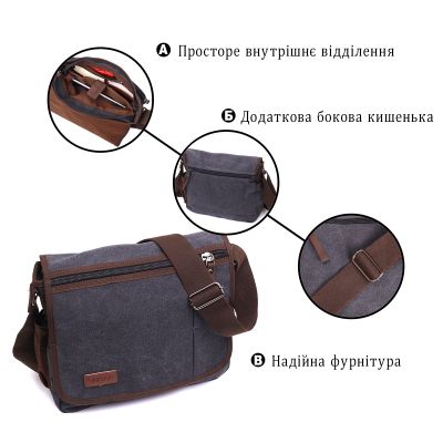 Сумка Vintage Через плече для ноутбука 13&quot; із текстилю Чорна (22200) | Зображення 7
