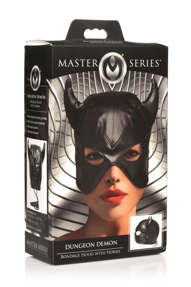 Маска з рогами Master Series: Dungeon Demon Bondage Mask with Horns, чорна | Зображення 7