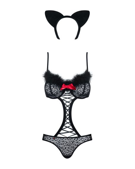 Еротичний костюм гепарду Obsessive Gepardina 3 pcs costume, чорний, хутряне оздоблення, монокіні, S/M | Зображення 4