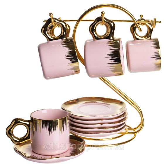 Набір чашок для кави на металевій підставці 6 (шт) по 100 (мл) подарунковий кавовий сервіз набір чашок Розовий із золотом FM-48 | Зображення 1