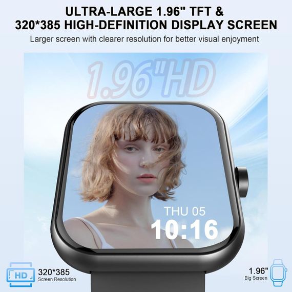 Смарт-годинник з HD-екраном 1,96", фітнес-трекер, пульсометр, монітор сну, IP68, Jugeman | Зображення 2