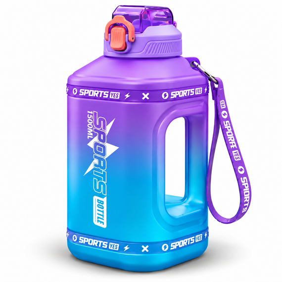 Эко-бутылка для воды SPORTS BOTTLE 1500 мл - большая многоразовая спортивная бутылка с ручкой, фиолетово-голубой градиент