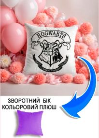 Подушка плюшева Мерч Крафт Дизайн з принтом Hogwarts 3-1 бузковий плюш квадратна 33х33 см