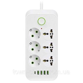 Сетевой фильтр F06U, 6 розеток EU + 4 USB + 1PD, кнопка включения с индикатором, 2 м, 3х0,75мм, 2500W, White,