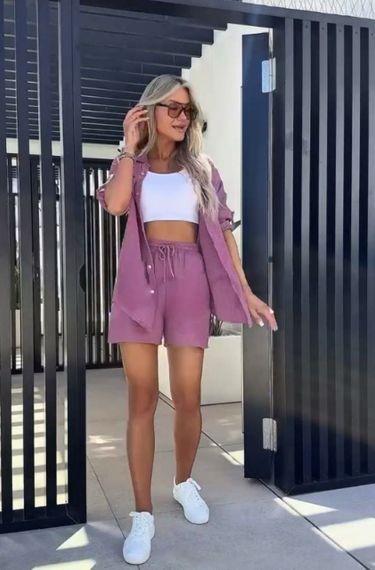 Женский летний костюм двойка шорты и рубашка LY25028 цвет фрезовый, размер 42/44