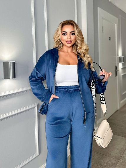 Женский велюровый спортивный костюм больших размеров штаны палаццо МТ317 цвет синий, размер 54/56 | Зображення 1