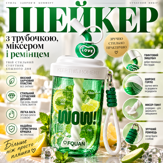 Шейкер WOW 580 мл детский салатовый с венчиком для смешивания и трубочкой для напитков | Зображення 3