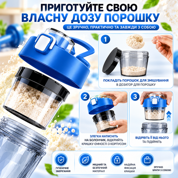 Электрический шейкер 650 мл синий аккумуляторный для протеина с LED-подсветкой USB Type-C и контейнером для порошка | Зображення 5