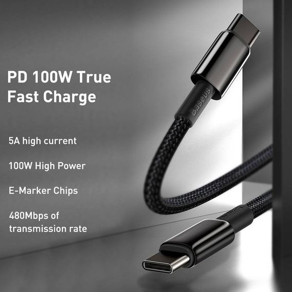 Дата кабель Baseus Tungsten Gold Type-C to Type-C Cable 100W (1m) (CATWJ-01) Чорний | Зображення 2