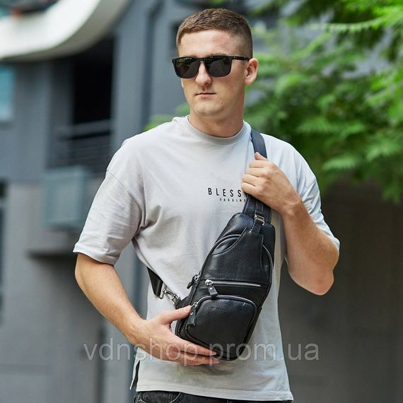 Сумка-слинг мужская на плечо 17х32х7, кожаный нагрудной рюкзак для города TIDING BAG MK16094 черный | Зображення 9