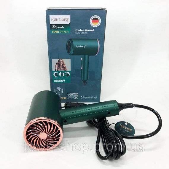 Фен Rainberg RB-2212 8800 W с регуляцией температуры и скорости для сушки и укладки волос. Цвет: зеленый | Зображення 1