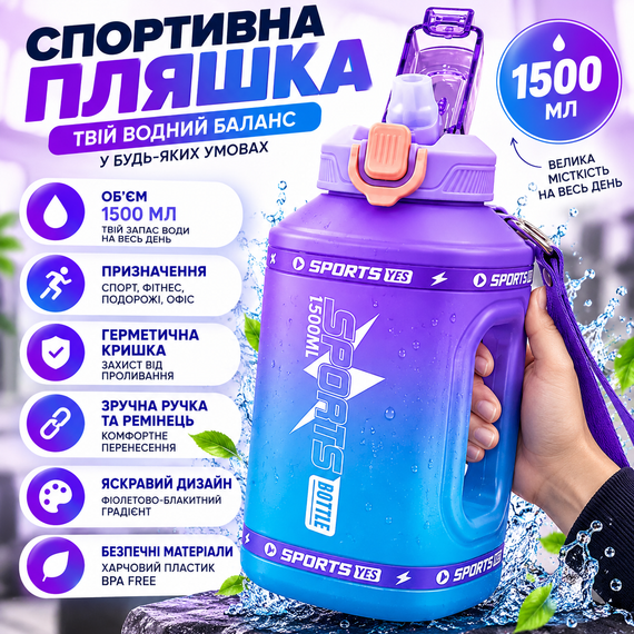Эко-бутылка для воды SPORTS BOTTLE 1500 мл - большая многоразовая спортивная бутылка с ручкой, фиолетово-голубой градиент | Зображення 8