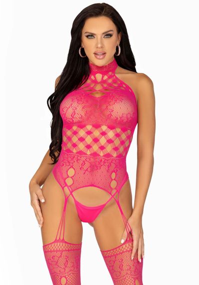 Мереживний бодістокінг з відкритим доступом Leg Avenue High neck lace bodystocking One size Raspberr