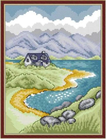 Набор для вышивания по нанесённой на канву схеме "Highland hut". AIDA 14CT printed 21*29 см