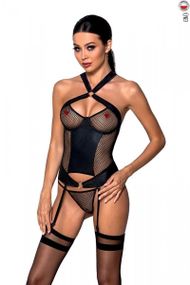 Сетчатый комплект корсет с халтером, съемные подвязки и трусики Passion AMANDA CORSET S/M, black sexstyle
