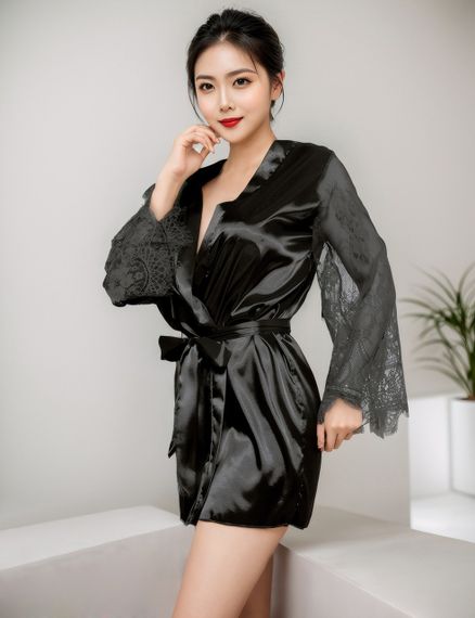 Халат чорний під пояс та довгими мереживними рукавами Star Night стрінги в комплекті, XS/S Sex Aura | Зображення 1