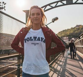 Футболка жіноча із патріотичним принтом "POLTAVA Ukraine 899" біла