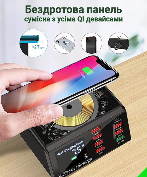 Мультизарядное устройство с беспроводной зарядкой Addap MCS-X9, на 8 USB, 100W | Зображення 7