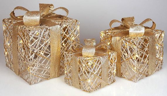 Набір декоративних подарунків - 3 коробки 15х20см, 20х25см, 25х30см з LED-підсвіткою, світле золото | Зображення 1