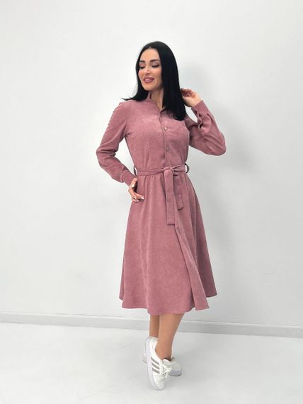 Женское модное вельветовое платье миди с поясом GF08575 цвет пудровый, размер 42/44 | Зображення 1