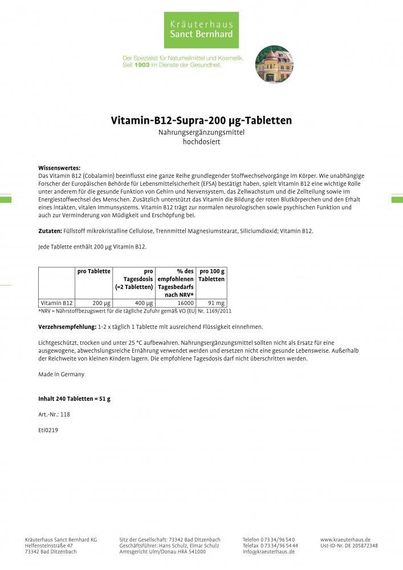 Вітамін В12 для нервової системи та енергії, Sanct Bernhard, Німеччина, 240 шт. | Зображення 2