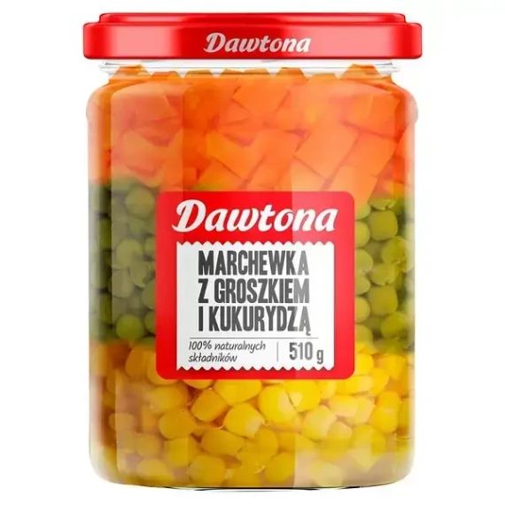 Микс овощей (кукуруза,горошек, морква) консервированные  Dawtona 510г стекло, Польша, салат микс, смесь овощей