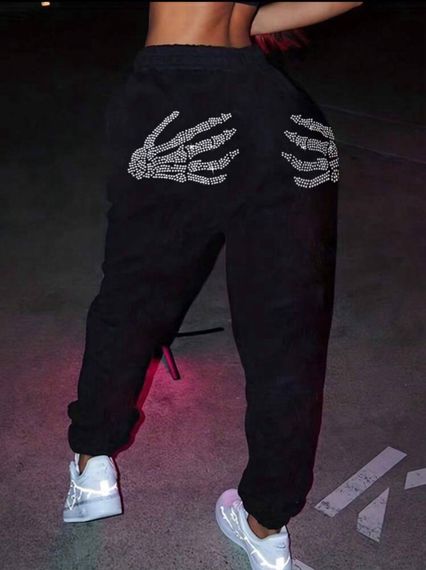 Женские теплые спортивные штаны на флисе со скелетом рук RO112 цвет черный, размер универсальный 42/44 | Зображення 1