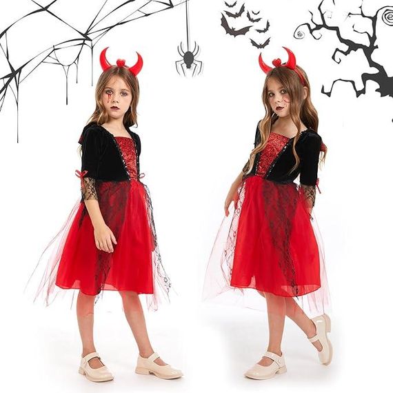 Костюм сукня вампіра чортика для дівчинки червона, комплект на Хелловін, обруч із ріжками, наліпка-татуювання на 105-115 см 4-6р | Зображення 2