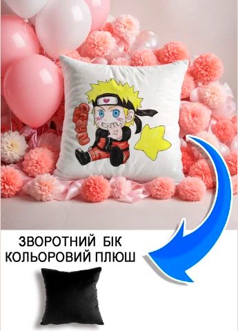 Подушка плюшева Мерч Крафт Дизайн з принтом аніме naruto uzumaki 03 чорний плюш квадратна 33х33 см