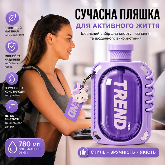 Бутылка для воды  TREND 780 мл герметичная фиолетовая с антискользящим покрытием и ремешком | Зображення 7