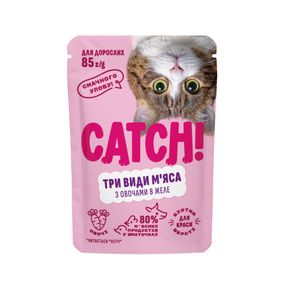 Корм вологий Catch! для дороcлих котів три види м’яса з овочами в желе 85 г