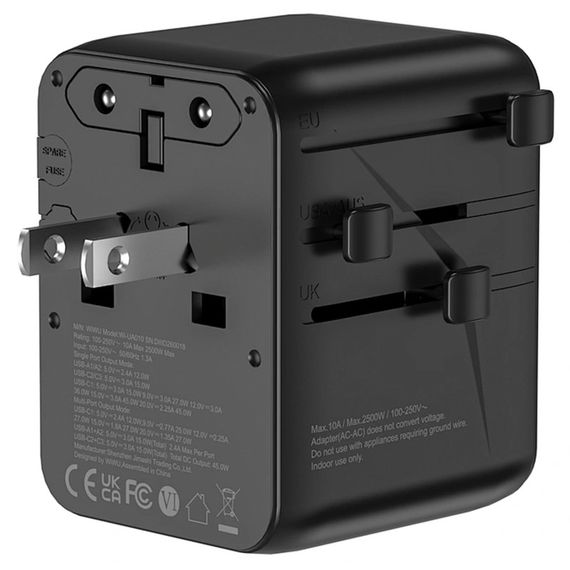 Мережевий універсальний перехідник WIWU UA010 Warrior GaN 45W + 2USB-A/3C Black | Зображення 5