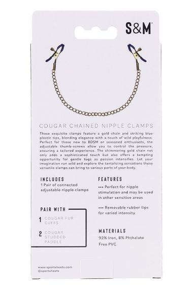 Золотисті затискачі для сосків Sex & Mischief Cougar Chained із синіми наконечниками sexstyle | Зображення 4