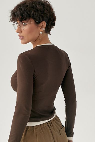 Жіночий двошаровий лонгслів - коричневий цвет, ONE SIZE (є розміри) | Зображення 1