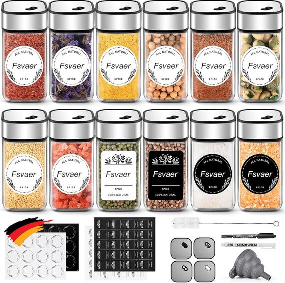 Набір з 12 баночок для спецій Fsvaer, скло та нержавіюча сталь, 120 мл, з кришкою на 3 режими, воронкою, наліпками та маркером
