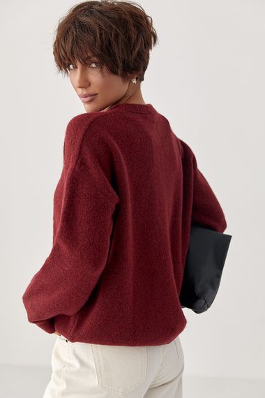 В'язана вільна кофта з ґудзиками на горловині - бордо цвет, ONE SIZE (є розміри) | Зображення 1