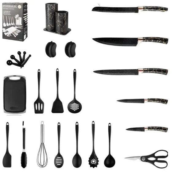 Набор кухонных принадлежностей 25 предметов с двойной подставкой разделочной доской набором ножей прихватками | Зображення 4