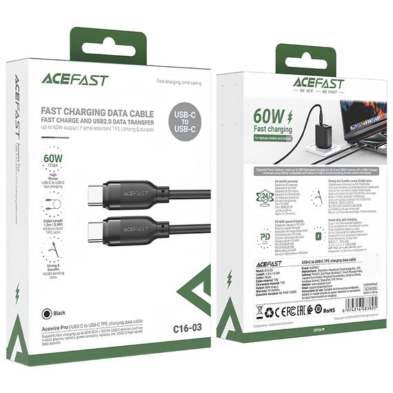 Дата кабель Acefast C16-03 Type-C to Type-C 60W (1.2m) Black | Зображення 4