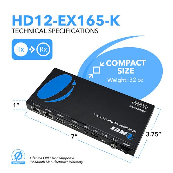 1x2 удлинитель HDMI через CAT6/7, до 50 метров, шлейфовый выход, ИК-управление и EDID (HD12-EX165-K) | Зображення 2