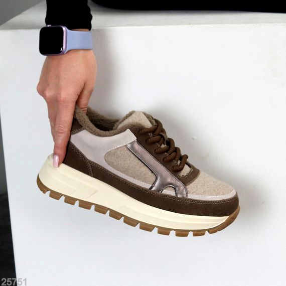 Дизайнерські комбіновані фетрові зимові кавово-бежеві кросівки 40