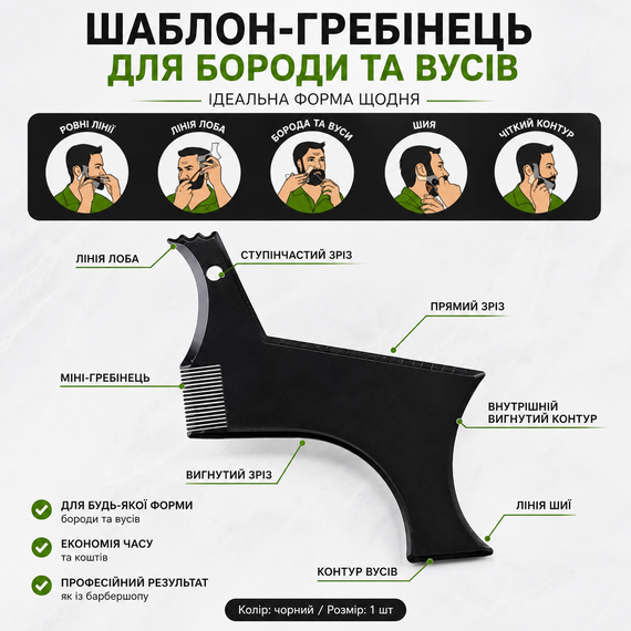 Набор шаблонов для моделирования и стрижки бороды и ус 4 в 1, профессиональный трафарет-расческа для бритья | Зображення 2