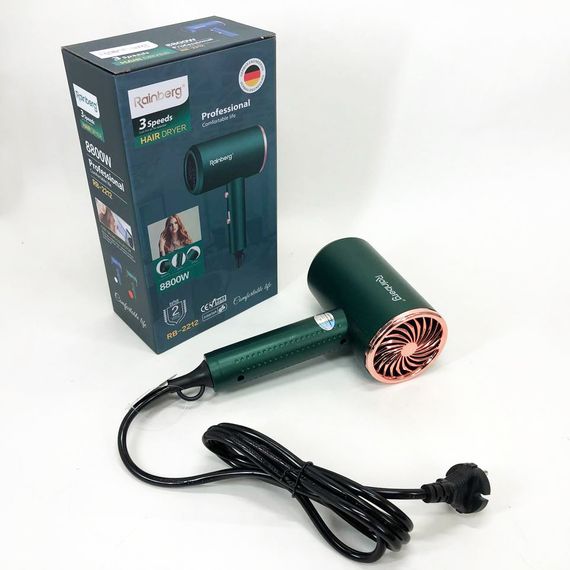 Фен Rainberg RB-2212 8800 W с регуляцией температуры и скорости для сушки и укладки волос. UZ-372 Цвет: зеленый | Зображення 6
