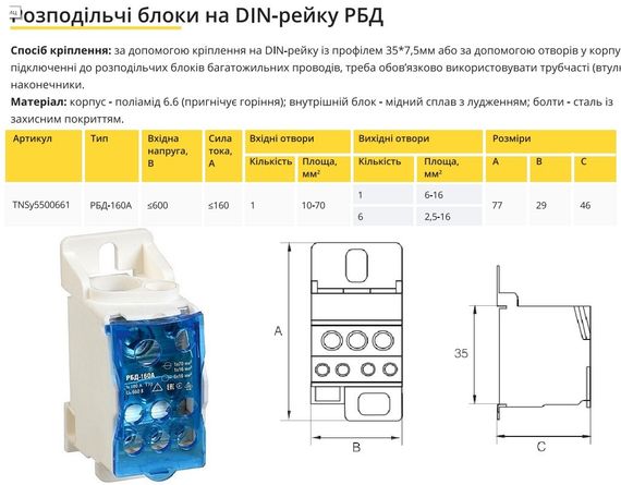Розподільний блок на DIN-рейку РБД-160А Ny95500661 | Зображення 1