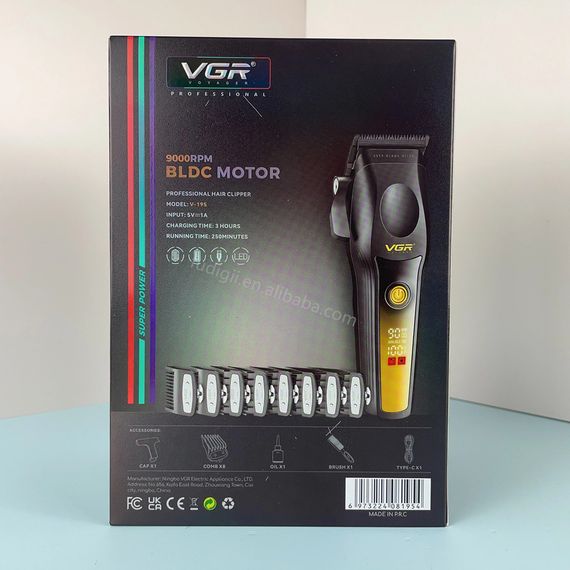 Акумуляторна машинка для стрижки VGR V-195 GOLD, 8 насадок, потужний мотор 9000 RPM, акумулятор 2500 mAh, LED display (46068-V-195 GOLD_1154) | Зображення 1