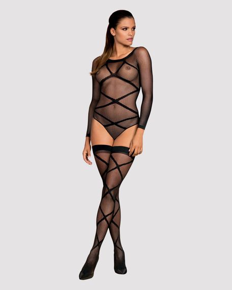 Бодістокінг Obsessive Bodystocking G320 S/M/L, панчохи, боді, декор у вигляді ліній | Зображення 2