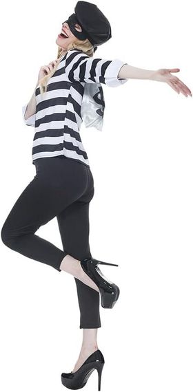 Жіночий костюм грабіжниці  46-48 L розмір комплект бандитки топ у смужку, штани маска, шапка, сумка, образ для Хелловіну карнавалу | Зображення 4