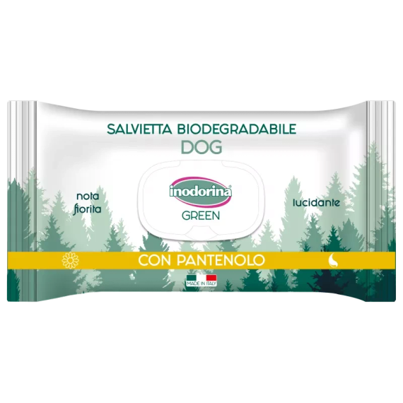 Вологі біорозкладні серветки з пантенолом Inodorina Green Pantenolo для всіх типів шерсті собак, 30 шт